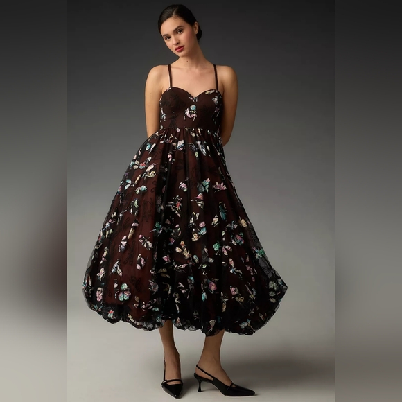 Anthropologie Geisha Designs Butterfly Appliqué Midi Dress, Small - Picture 1 of 7